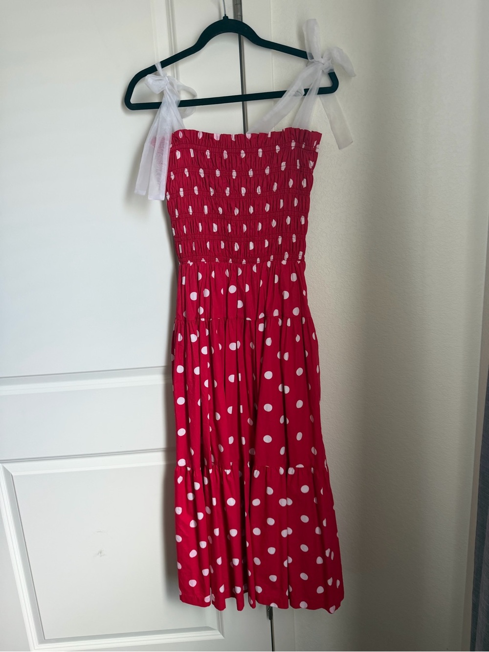 En Saison Red Polka Dot Smocked Sundress with White Tie Straps